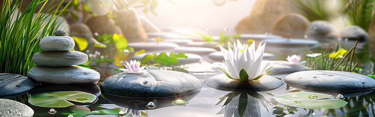 Serene zen garden with stacked stones and lotus flowers in peaceful water setting