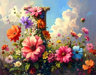 Floral 'L' surrounded by vivid blooms against a dreamy sky