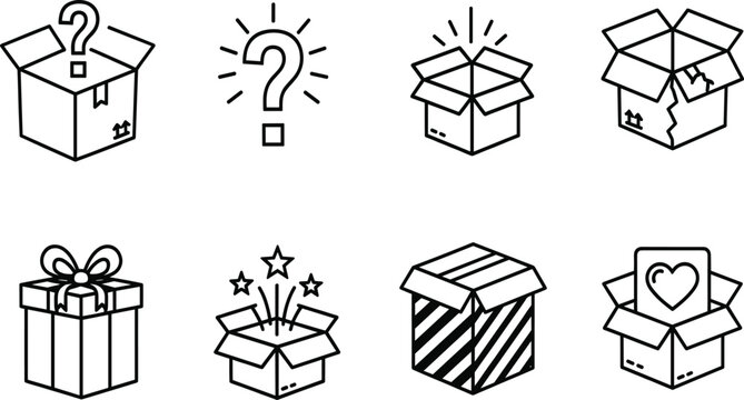 Minimalist black line icon set for unboxing experiences featuring mystery boxes, gift parcels, surprise packages, and e-commerce delivery symbols.