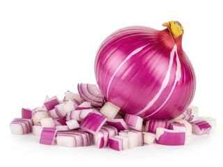 Fresh red onion cut into small pieces on white background
