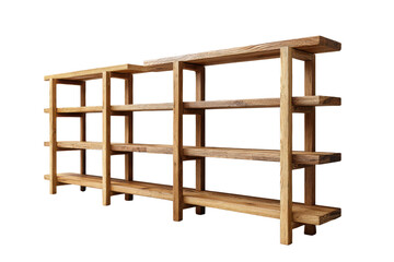 Rustic wooden shelving unit with multiple tiers against a black background natural, Isolated On White Background, Png Transparent