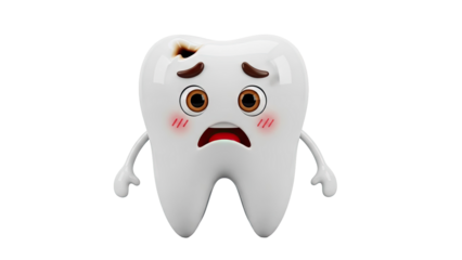 3D Sad Cartoon Tooth with Cavity and Blush on transparent background