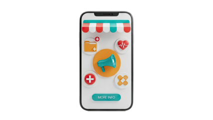 Healthcare app with icons on a smartphone on transparent background