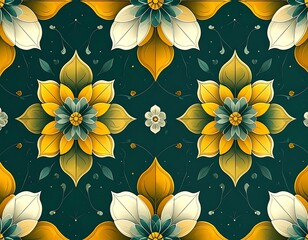 Floral pattern with symmetrical designs, in shades of green and yellow