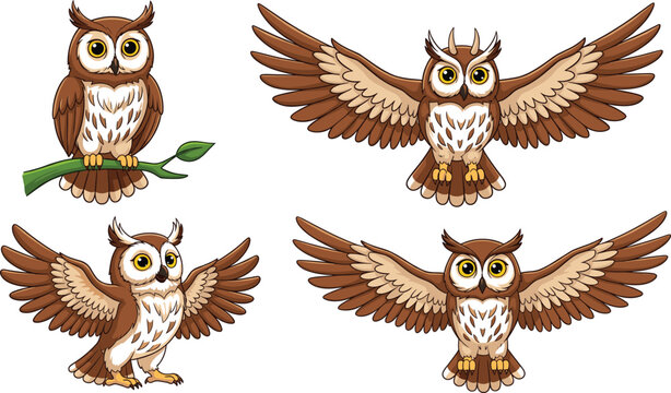 Detailed cartoon owl vector set featuring birds in flight and perched on branches for nature education, wildlife illustration, and decorative animal characters.