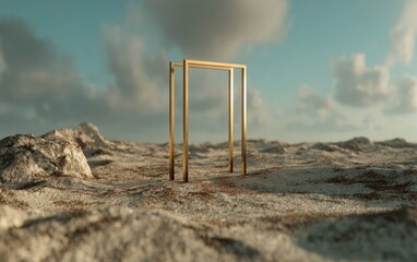 Abstract golden portal stands amidst a textured landscape under a cloudy sky