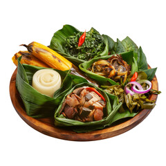 Papua New Guinea Pit-baked pork, taro, banana, and vegetables in banana leaves wooden plate, isolated on white transparent background, concept of cultural cuisine