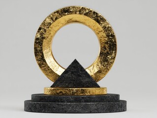 Abstract golden ring and pyramid shapes on black circular platform design