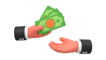 Business hands exchanging dollar bills, 3d render on transparent background