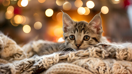 Adorable kitten resting on cozy blanket with warm Christmas lights
