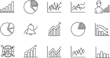 Financial business data icons set featuring bar charts, pie graphs, line diagrams, growth trends, market analysis and professional analytics. (18 words)