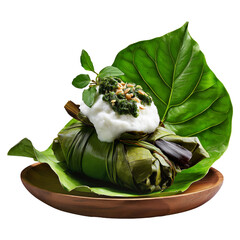 Palusami coconut cream wrapped in taro leaves and baked on a wooden bowl, isolated on white transparent background. Concept of Polynesian Cuisine