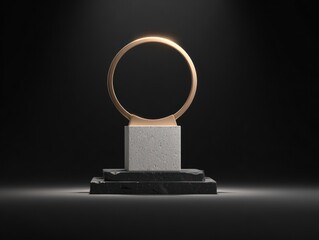 Abstract golden ring on a stone pedestal with spotlighting on a dark background