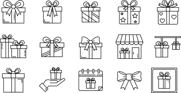 Gift box icon set, present packaging symbols, celebration shopping reward illustrations, birthday holiday vector design collection
