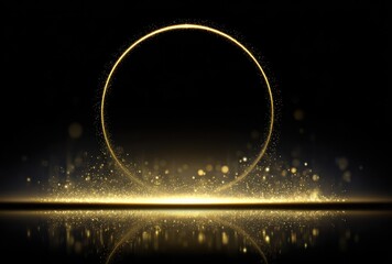 Abstract golden ring with glitter reflecting on surface against black background