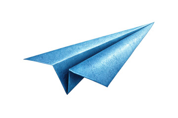 Blue paper airplane folded from textured paper against black background craft, Isolated On White Background, Png Transparent