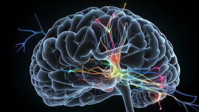 High resolution 4K animated 3D model of the human brain with neural circuits grids abstract connection patterns perfect medical scientific technology focused stock 