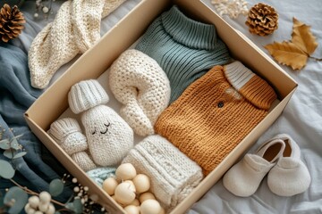 Fototapeta premium A cozy collection of knitted sweaters, accessories, and autumn decorations arranged in a cardboard box