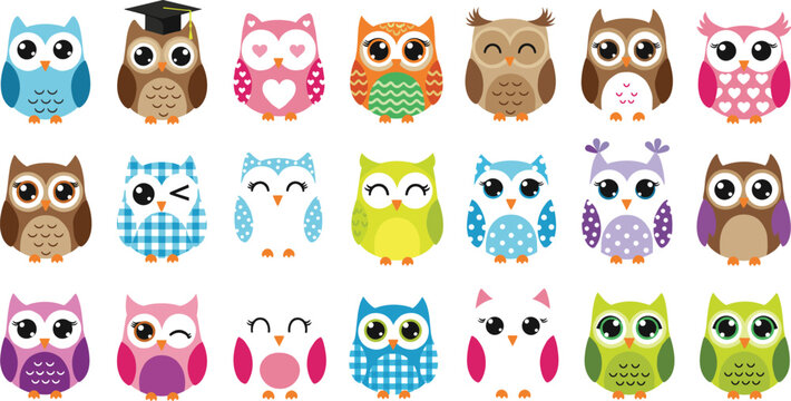 Large set of colorful cute owl cartoon characters with various patterns and expressions for nursery decor, stickers, scrapbooking, and children education vector design.
