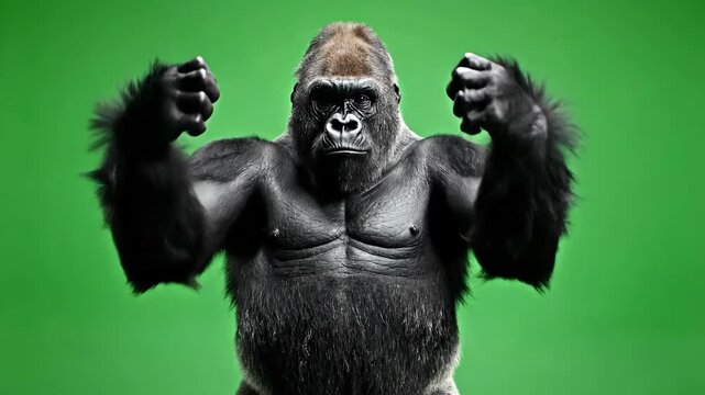 Furious gorilla with bared teeth, arms out against green