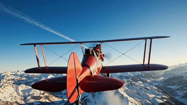 Red biplane soars above snowy peaks under a clear blue sky