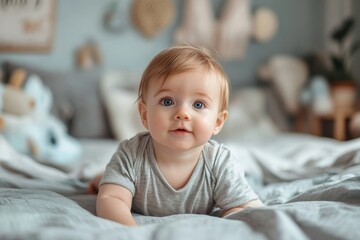 Fototapeta premium A curious young toddler with bright blue eyes sitting on a bed in a cozy bedroom