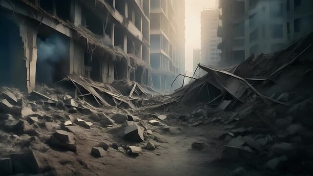Eerie aftermath of urban destruction showcasing a desolate street choked with rubble and skeletal remains of buildings, evoking a sense of loss and post-apocalyptic silence