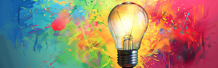 Vibrant light bulb glowing brightly on colorful abstract background