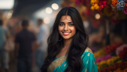 Fototapeta premium Young woman with dark brown skin and long hair smiling confidently, natural lifestyle portrait with warm light and expressive emotion