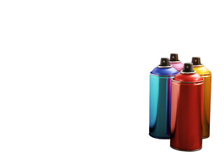 Vibrant Multicolored Spray Paint Cans with Reflective Surfaces and Black Nozzles on White Background