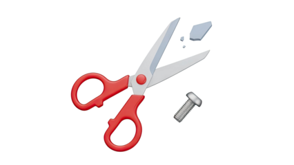 Scissors cutting a bolt and pieces of metal on transparent background