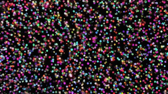 Vibrant multicolored particles swirling in a dark environment from a close-up viewpoint