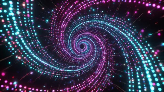 Vibrant spiral pattern of glowing dots and lights in a dark environment viewed from a central perspective
