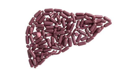 Liver shape formed from purple medicine capsules representing liver health and medical treatment, perfect for healthcare and pharmaceutical presentations