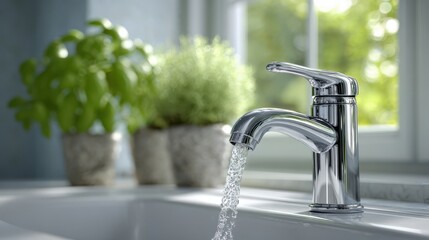 Modern chrome faucet with water flow