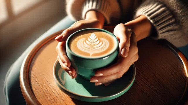 video of woman hands softly hold a turquoise ceramic cappuccino cup with latte art creating cozy coffee mood and warm lifestyle feeling