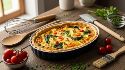 Freshly baked quiche with vegetables and herbs on a wooden kitchen table with cooking utensils around