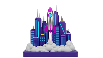 Rocket Launching from Futuristic City on transparent background