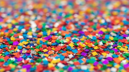 Colorful confetti scattered on a surface, vibrant and festive atmosphere.