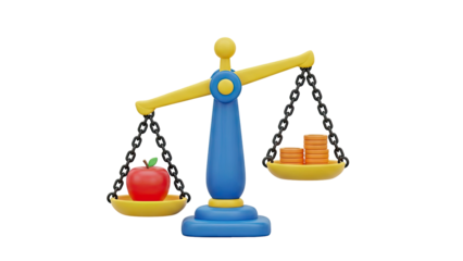 Apple vs Coins on a Balance Scale on transparent background