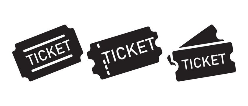 Black ticket stubs with the word TICKET printed on them on white background