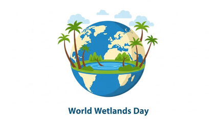 World wetlands day, earth globe with tropical palm trees and water, environmental conservation concept, eco friendly, world wetlands day awareness, climate change