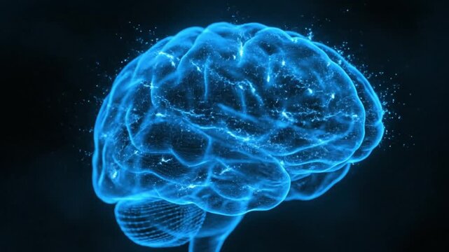 ultra detailed 3D sci fi visualization of a human brain wireframe glowing blue with electric neuron impulses and pulsing light particles moving through synaptic paths
