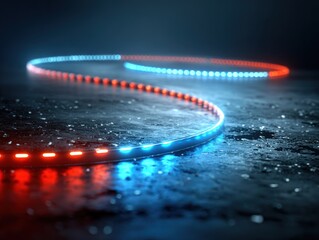 Abstract glowing neon light strip on dark surface with selective focus