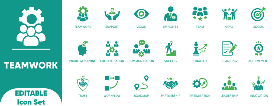Teamwork and collaboration icon set. Features partnership, leadership, strategy, and trust symbols. Ideal for HR apps, coaching, and corporate training.