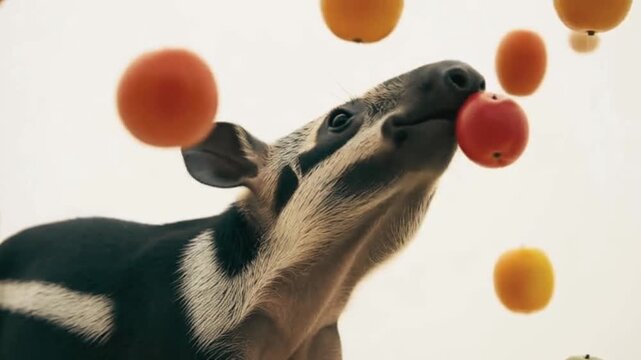 Baby tapir nudging floating fruit with nose. video