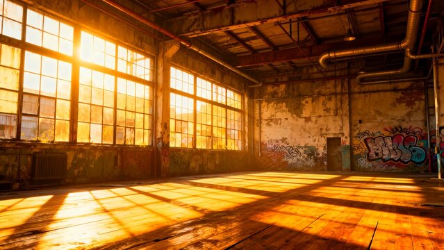 Golden hour sunlight streams through massive industrial warehouse windows illuminating the decaying wooden floor and graffiti covered walls inside the vast empty space.