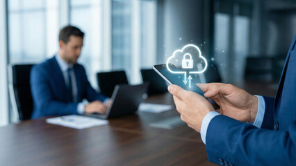 Cloud data security concept, Mobile cloud security app, Data protection in office, Secure cloud storage on phone