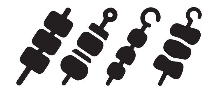 A collection of black silhouette icons representing different styles of grilled food skewers or kebabs.