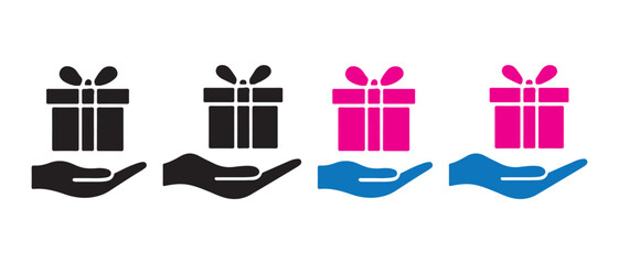 Hands offering a gift box icon set in black and white and colorful variations for web design.